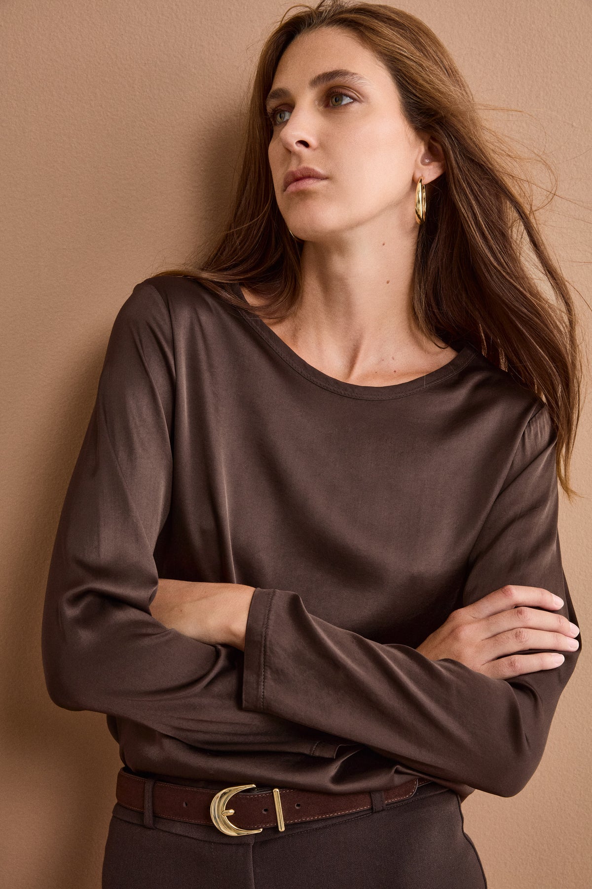 Blusa Over in Raso con Manica Lunga - CIOCCOLATO