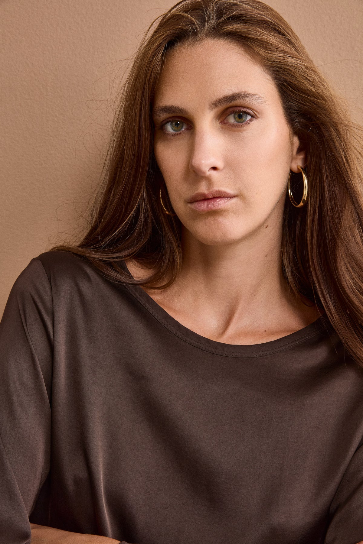Blusa Over in Raso con Manica Lunga - CIOCCOLATO