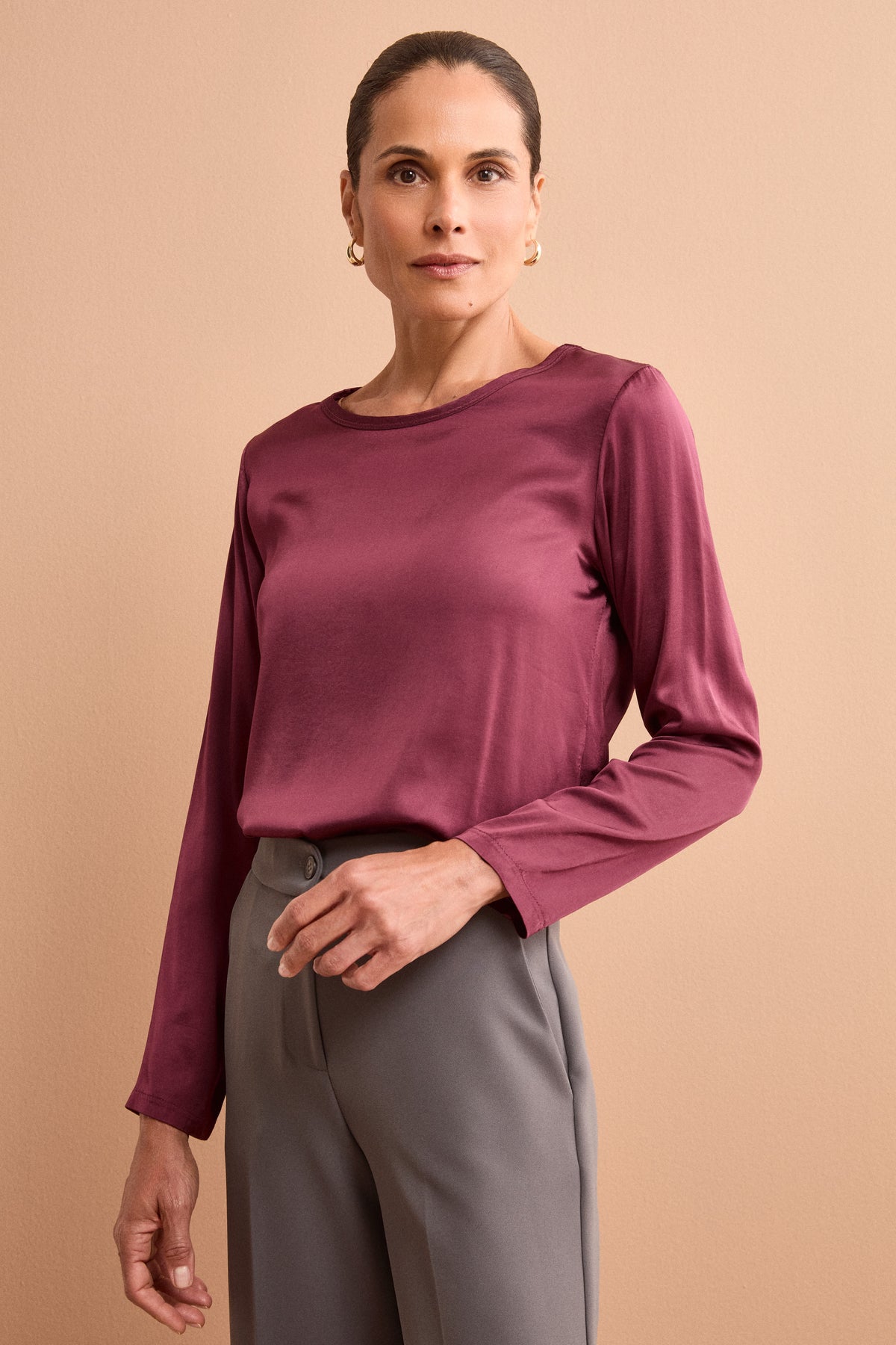 Blusa Over in Raso con Manica Lunga - BORDEAUX