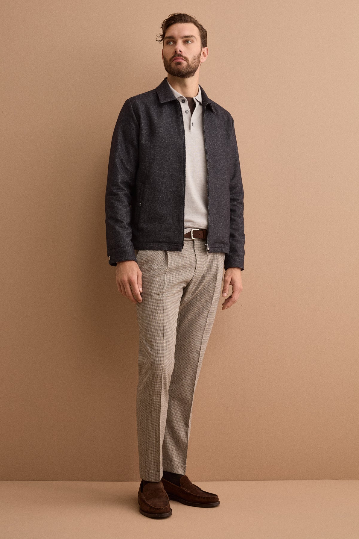 Regular-Fit Pure Virgin Wool Trousers with Front Pleats and Turn-Up Hems - HOUNDSTOOTH BEIGE