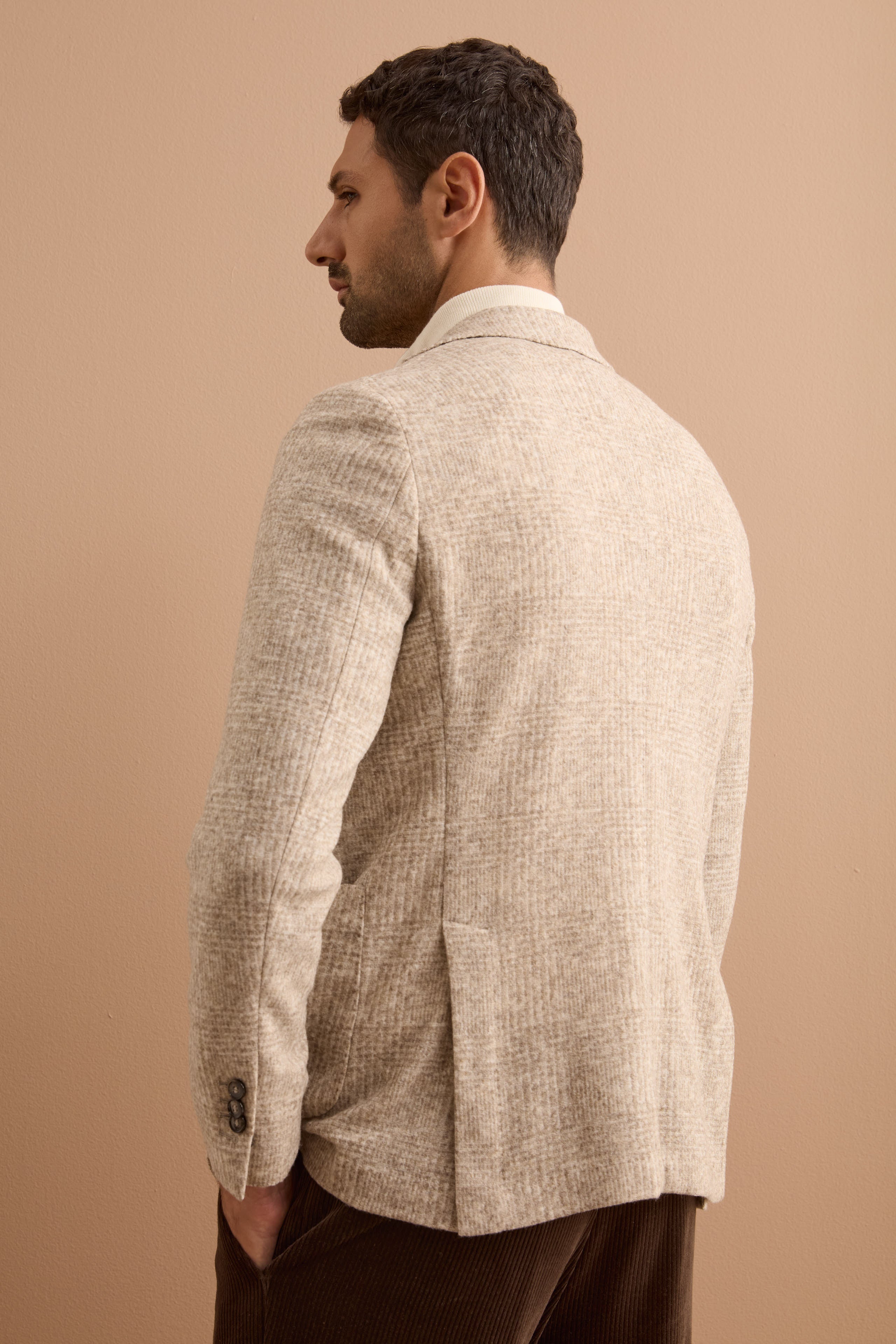 Wool Blend Single-Breasted Check Jacket - Beige check