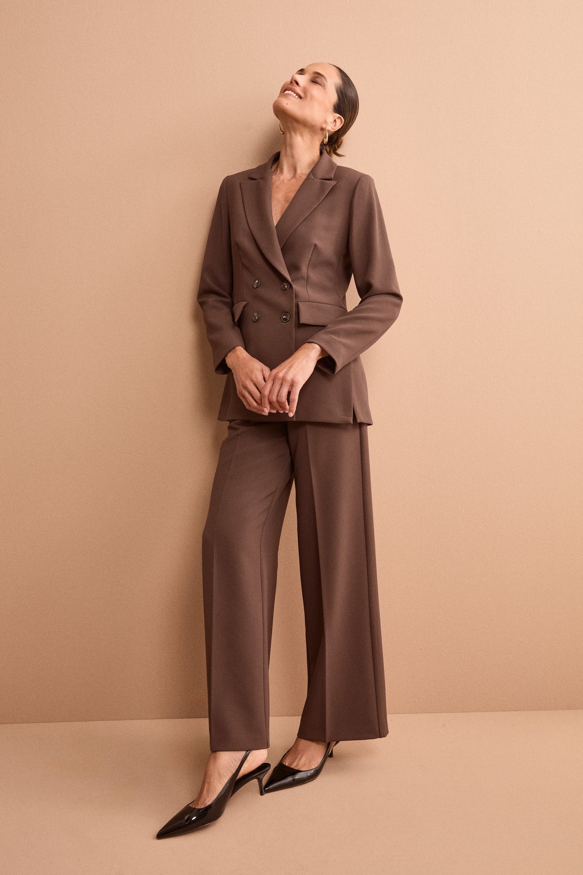 Double-Breasted Crepe Jacket - Dark brown