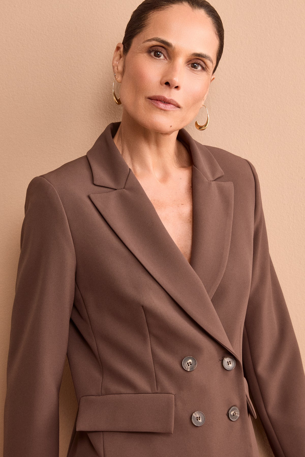 Double-Breasted Crepe Jacket - Dark brown