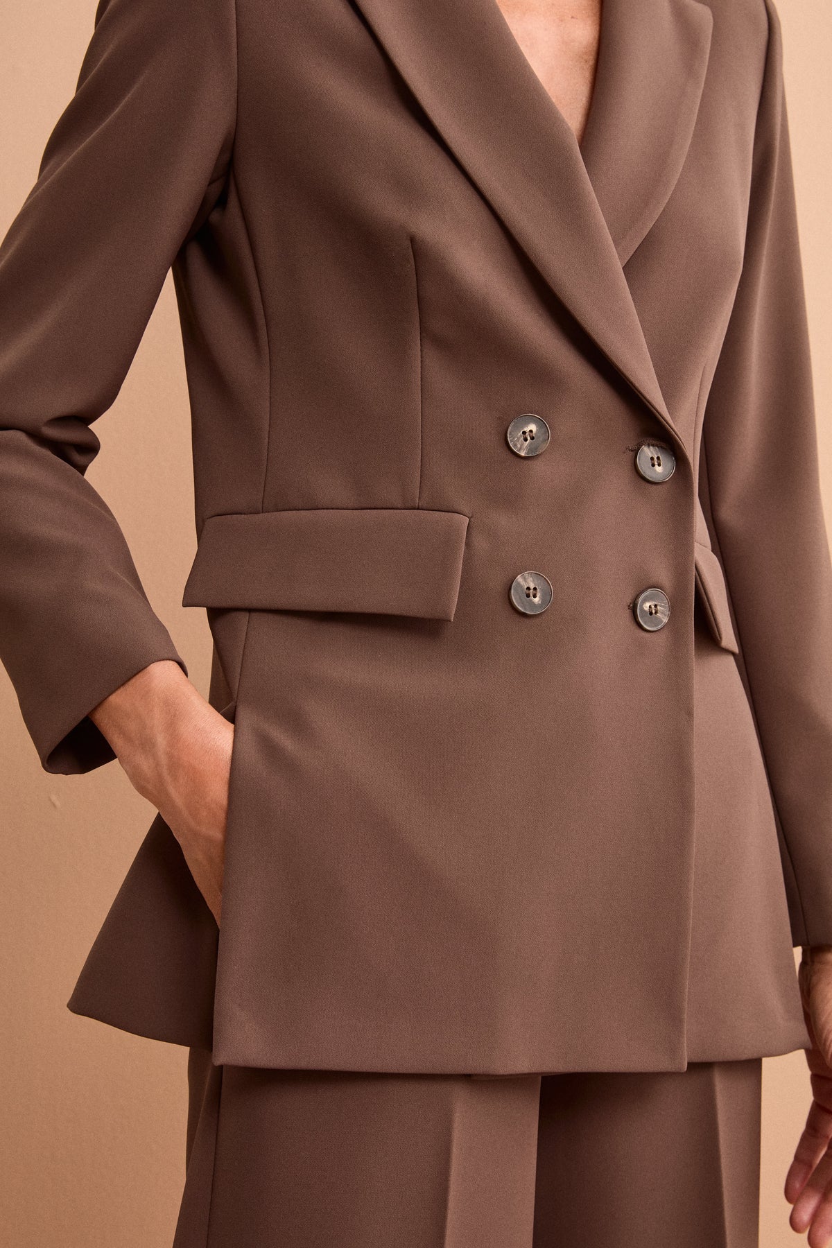 Double-Breasted Crepe Jacket - Dark brown