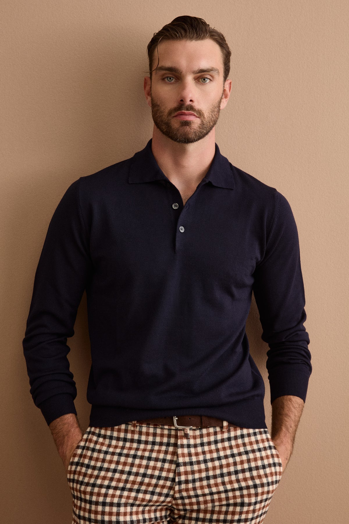 Herren Langarm-Poloshirt aus Merinowolle - BLAU