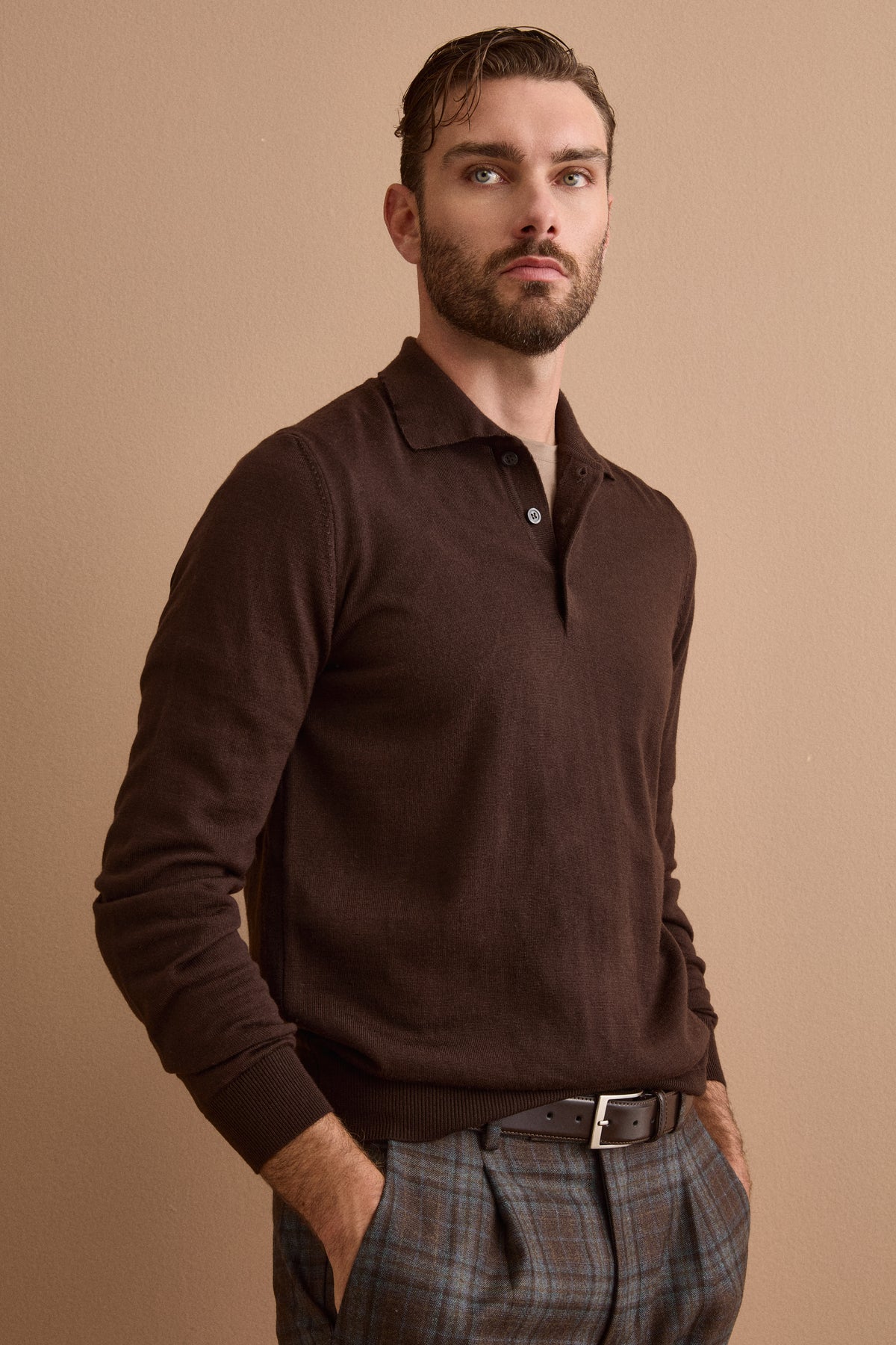 Men’s Long-Sleeve Polo Shirt in Merino Wool - BROWN