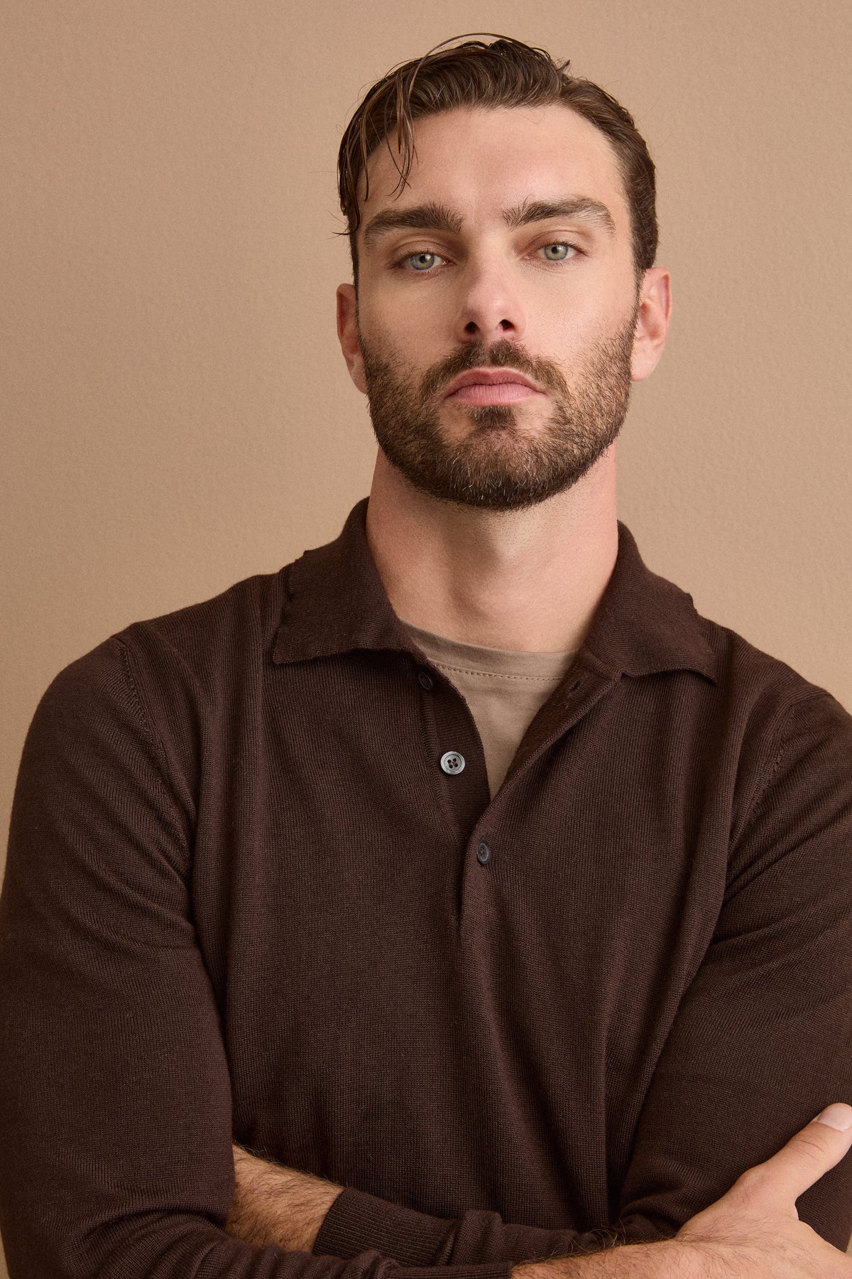 Men’s Long-Sleeve Polo Shirt in Merino Wool - BROWN