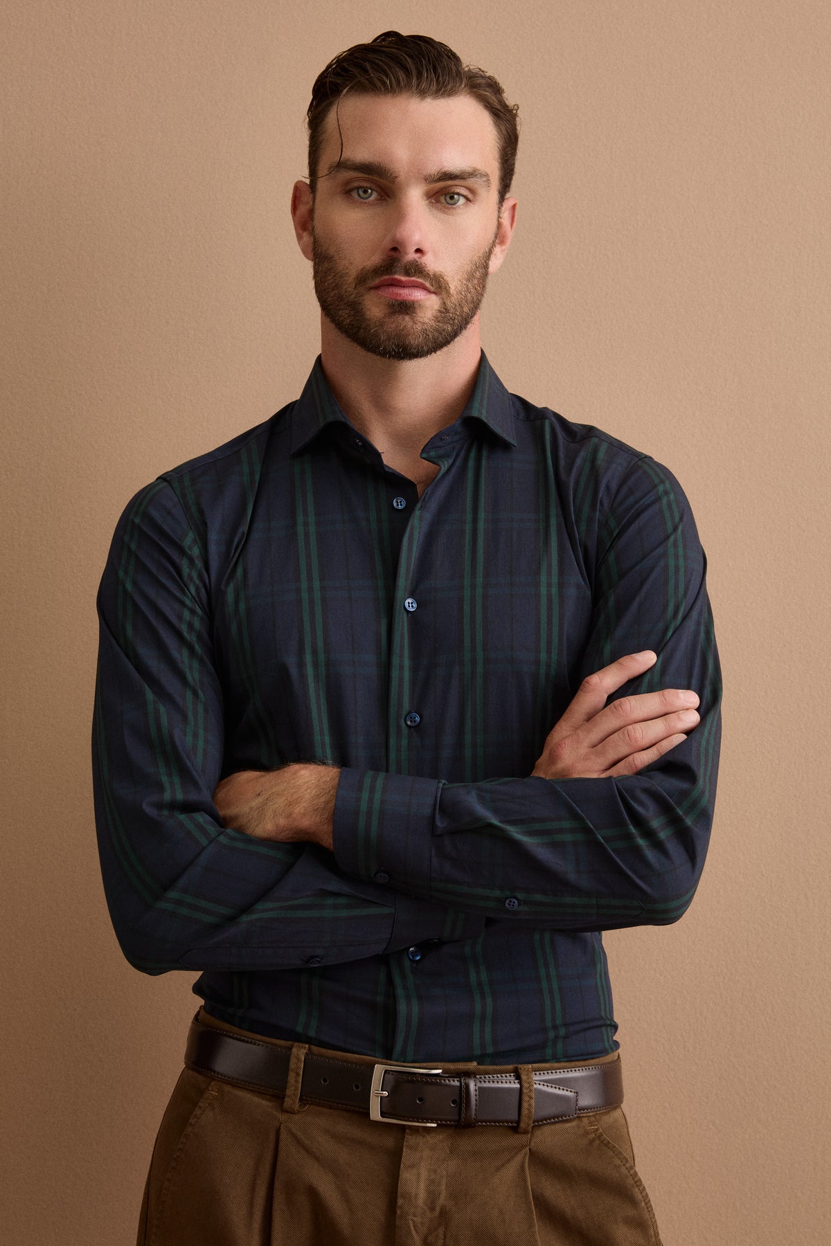 Chemise Homme Slim Fit à Carreaux avec Col Français - Chèque bleu