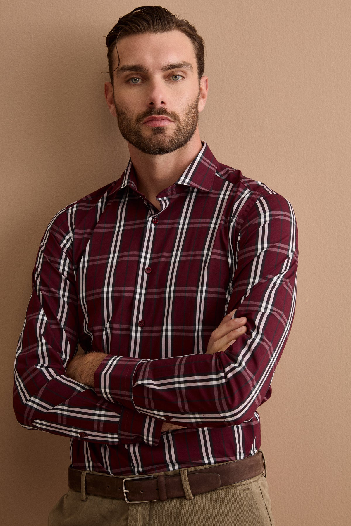 Camicia Check Slim Fit con Collo Francese - BORDEAUX QUADRI