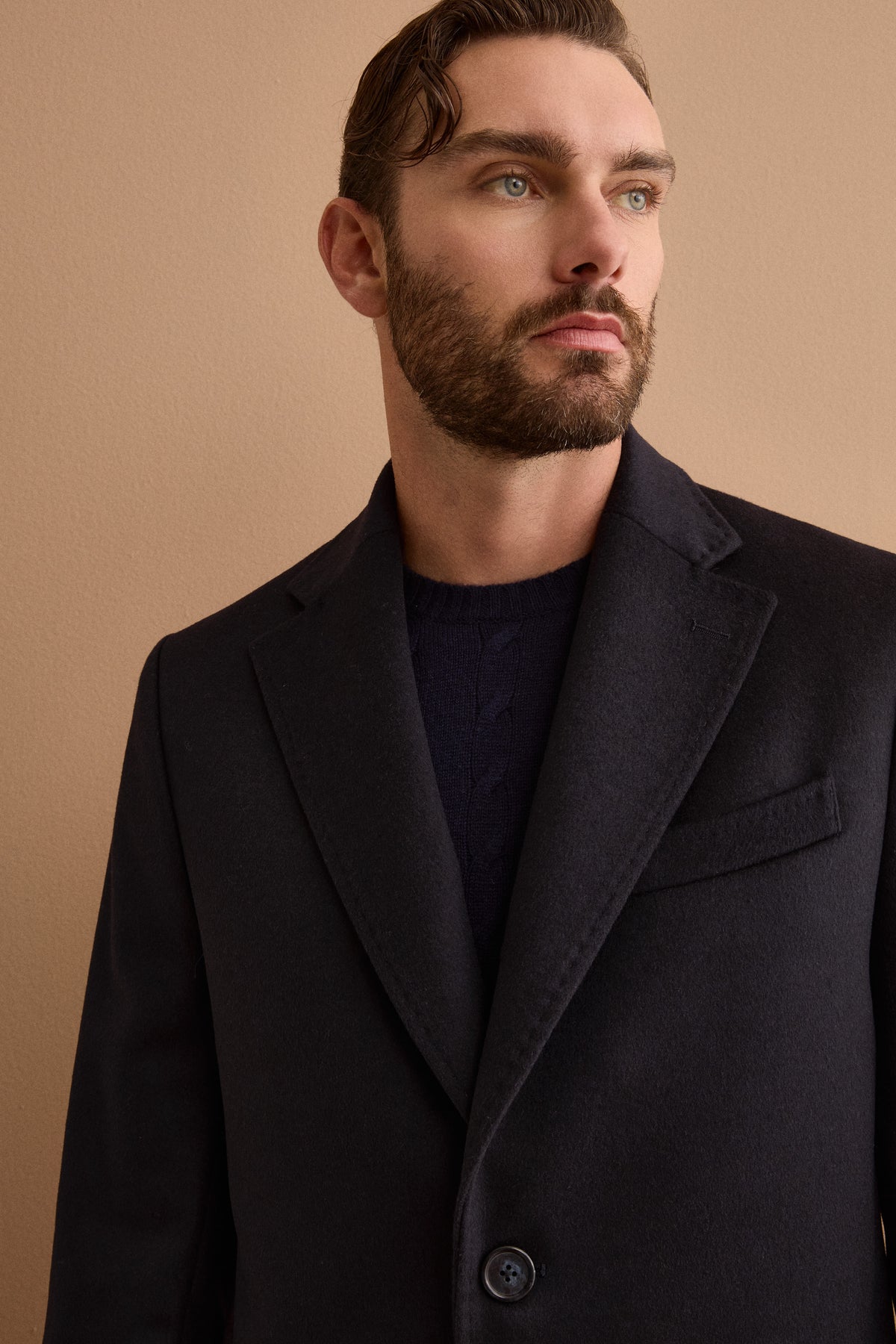 Men’s Single-Breasted Midi Coat in Wool and Cashmere - BLUE