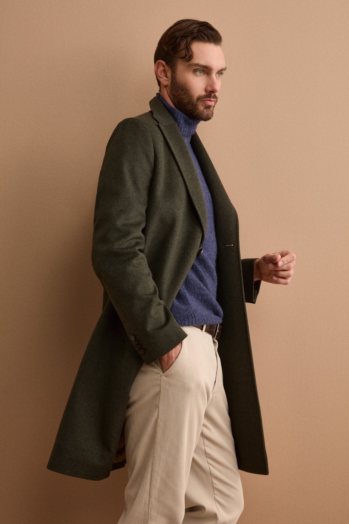 Men’s Single-Breasted Midi Coat in Wool and Cashmere - GREEN