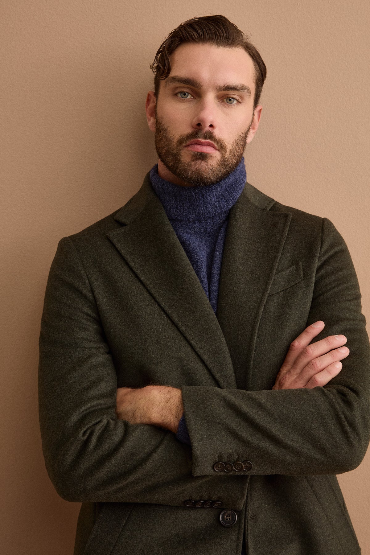 Men’s Single-Breasted Midi Coat in Wool and Cashmere - GREEN