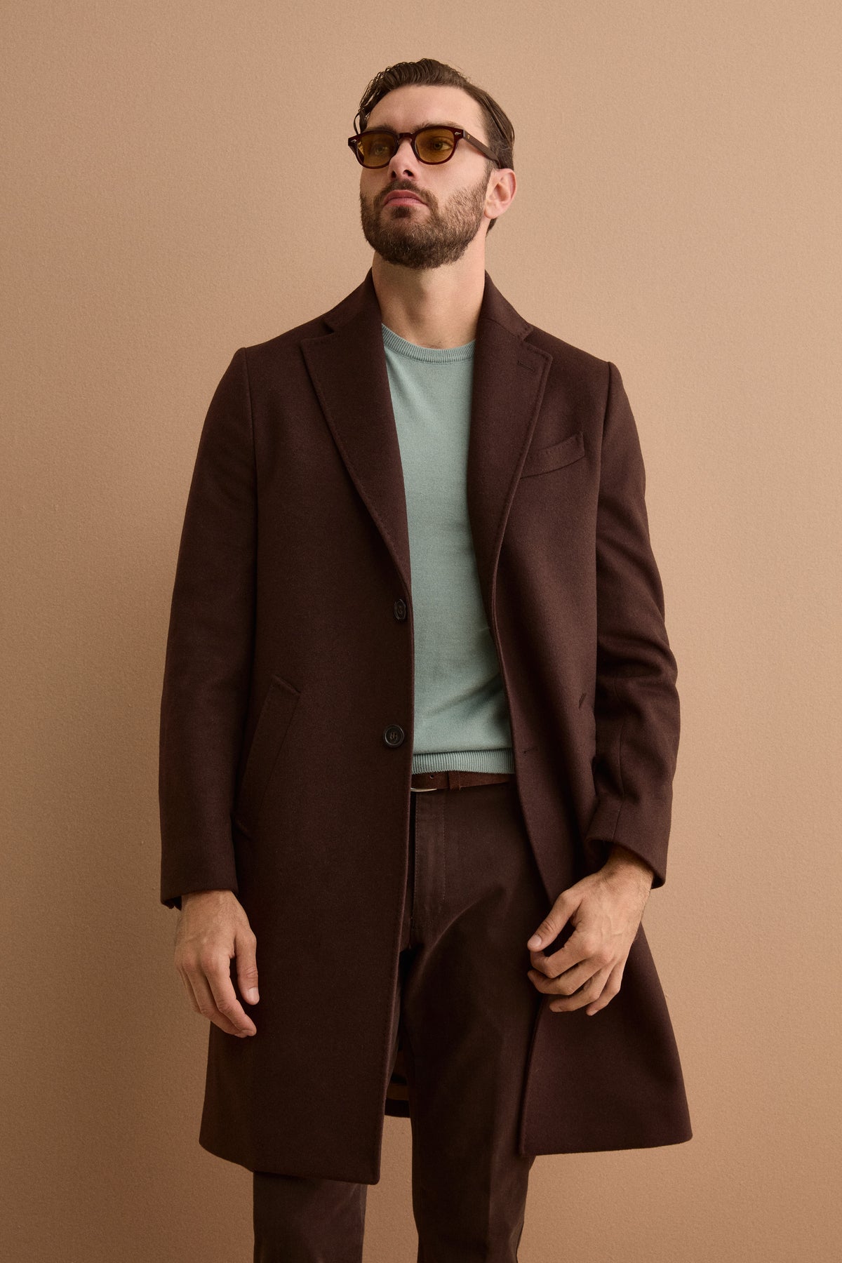 Manteau Homme Midi Monopetto en Laine et Cachemire - marron