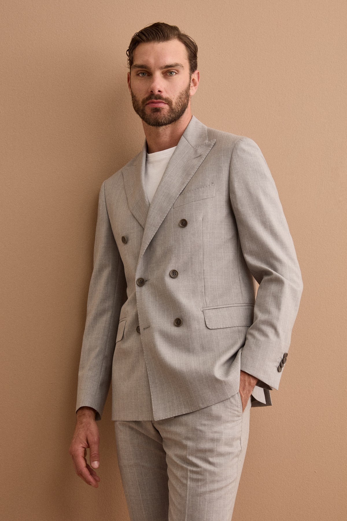 Slim Fit Double-Breasted Suit in Nobility 150’s Virgin Wool - Light Grey Striped