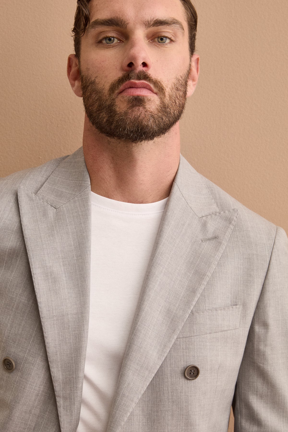 Slim Fit Double-Breasted Suit in Nobility 150’s Virgin Wool - Light Grey Striped