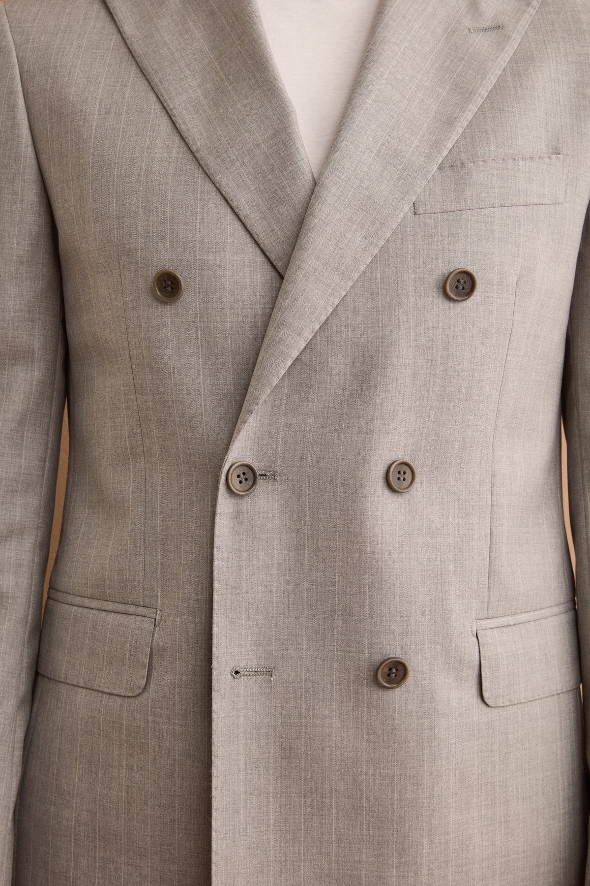 Slim Fit Double-Breasted Suit in Nobility 150’s Virgin Wool - Light Grey Striped