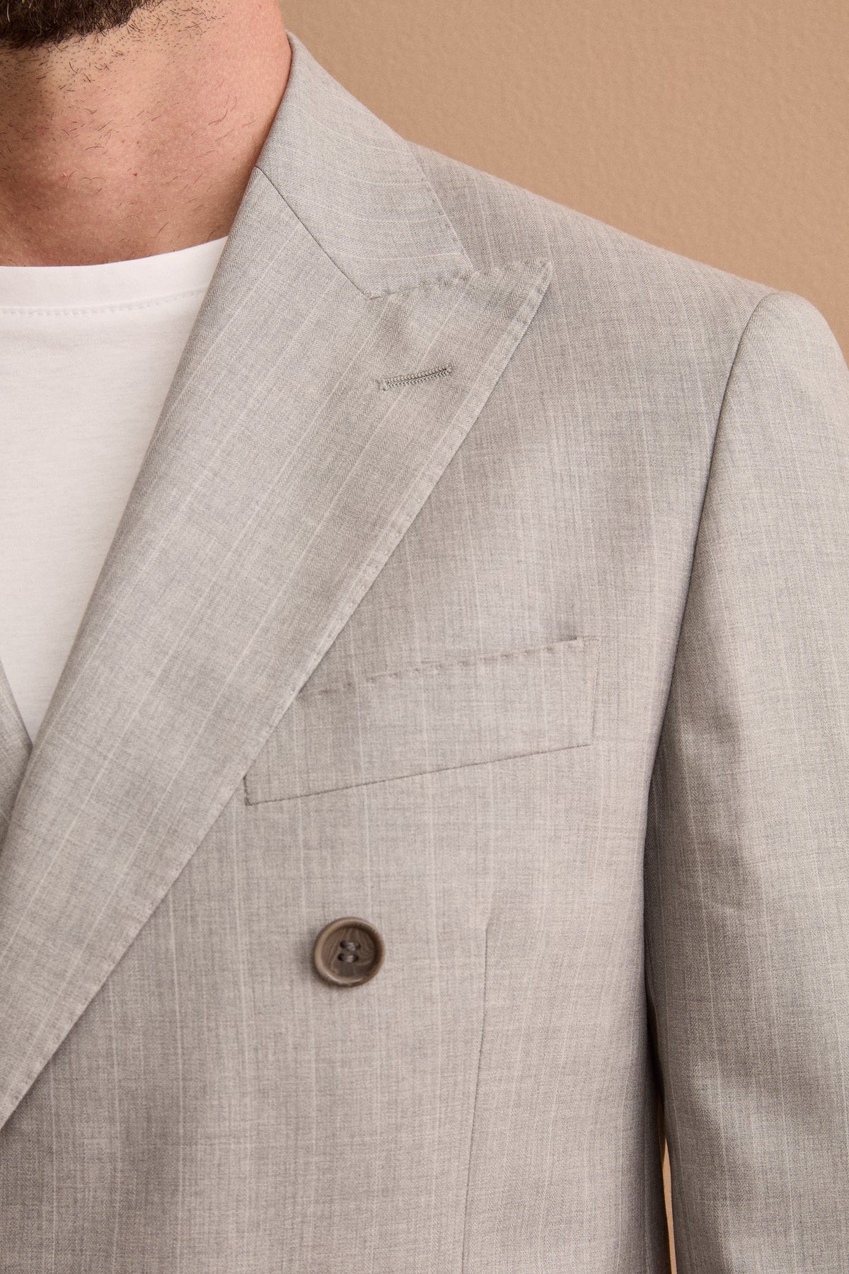 Slim Fit Double-Breasted Suit in Nobility 150’s Virgin Wool - Light Grey Striped