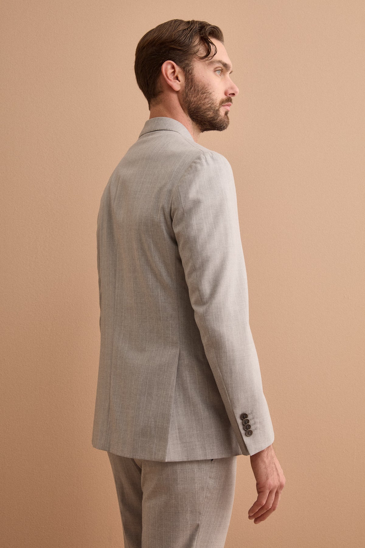 Slim Fit Double-Breasted Suit in Nobility 150’s Virgin Wool - Light Grey Striped