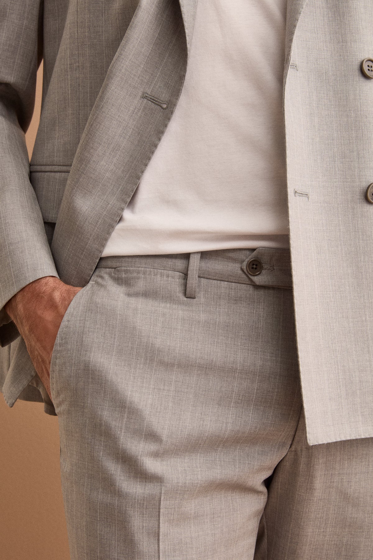 Slim Fit Double-Breasted Suit in Nobility 150’s Virgin Wool - Light Grey Striped