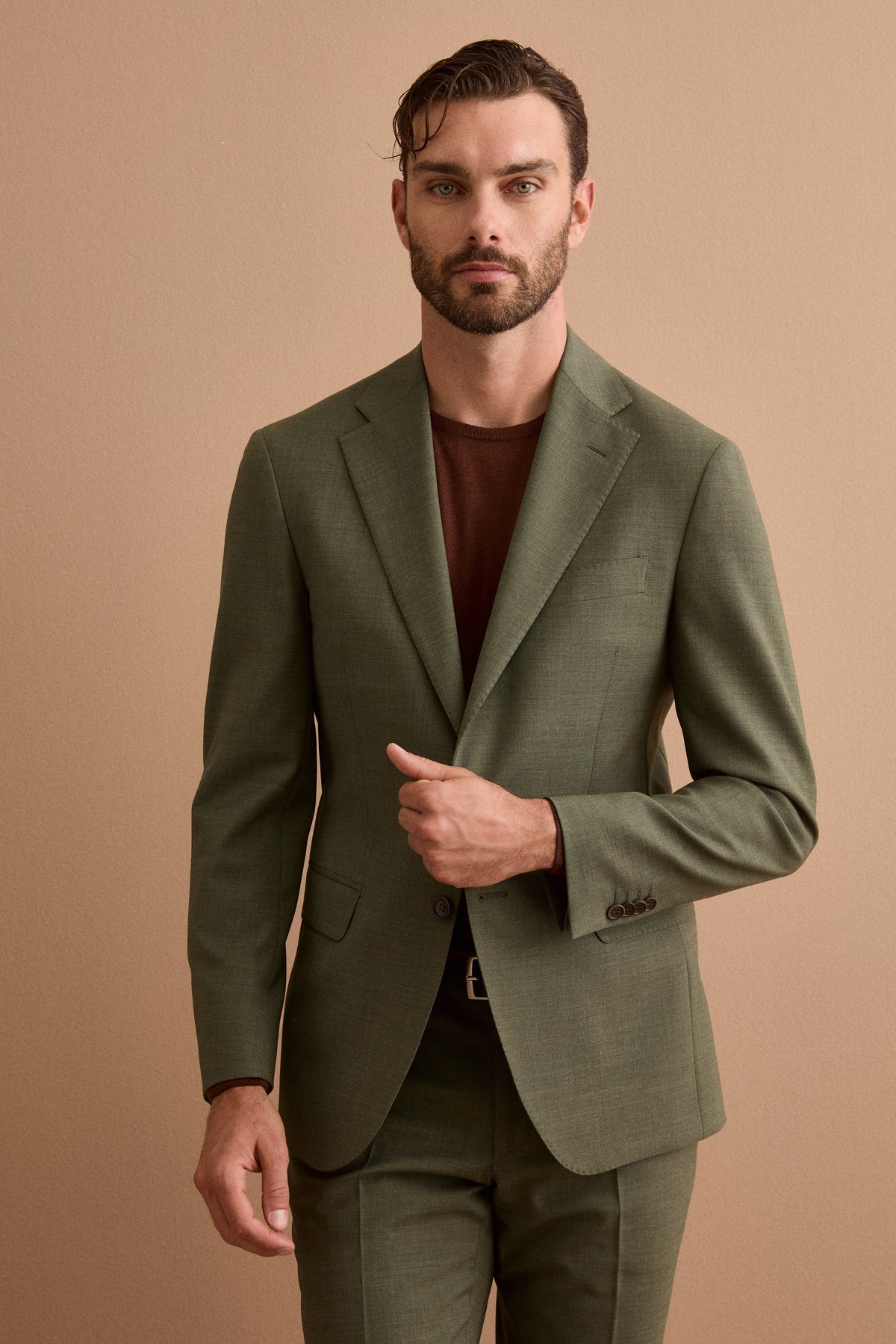 Costume Homme Monopetto Slim Fit en Laine Vierge Colorée - VERT