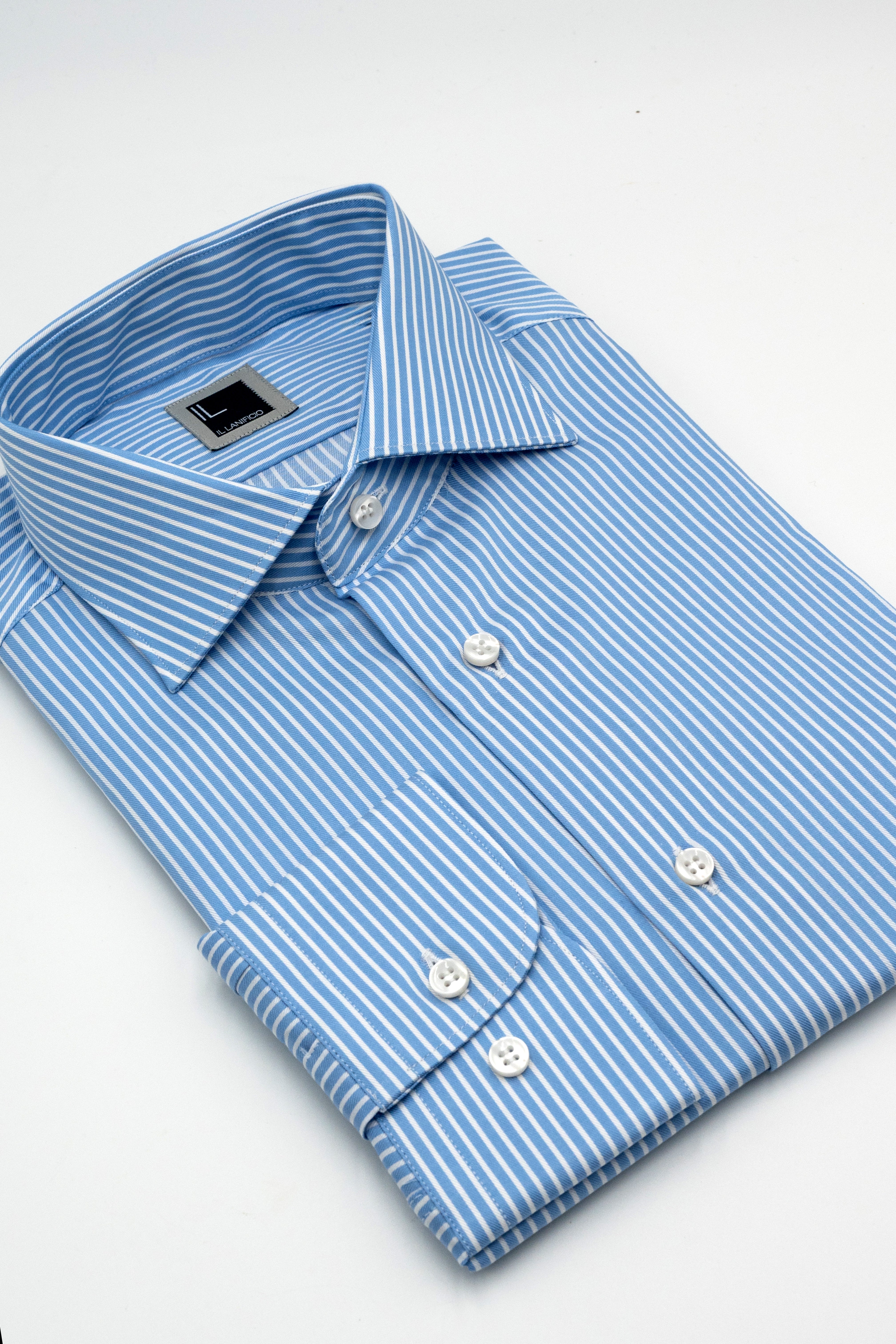 Camicia Rigata Slim Fit con Collo Francese - RIGATO BIANCO/AZZURRO